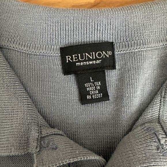 Reunion Mens Sweater Polo Style Gray Silk Button Collar Size L - Picture 3 of 7
